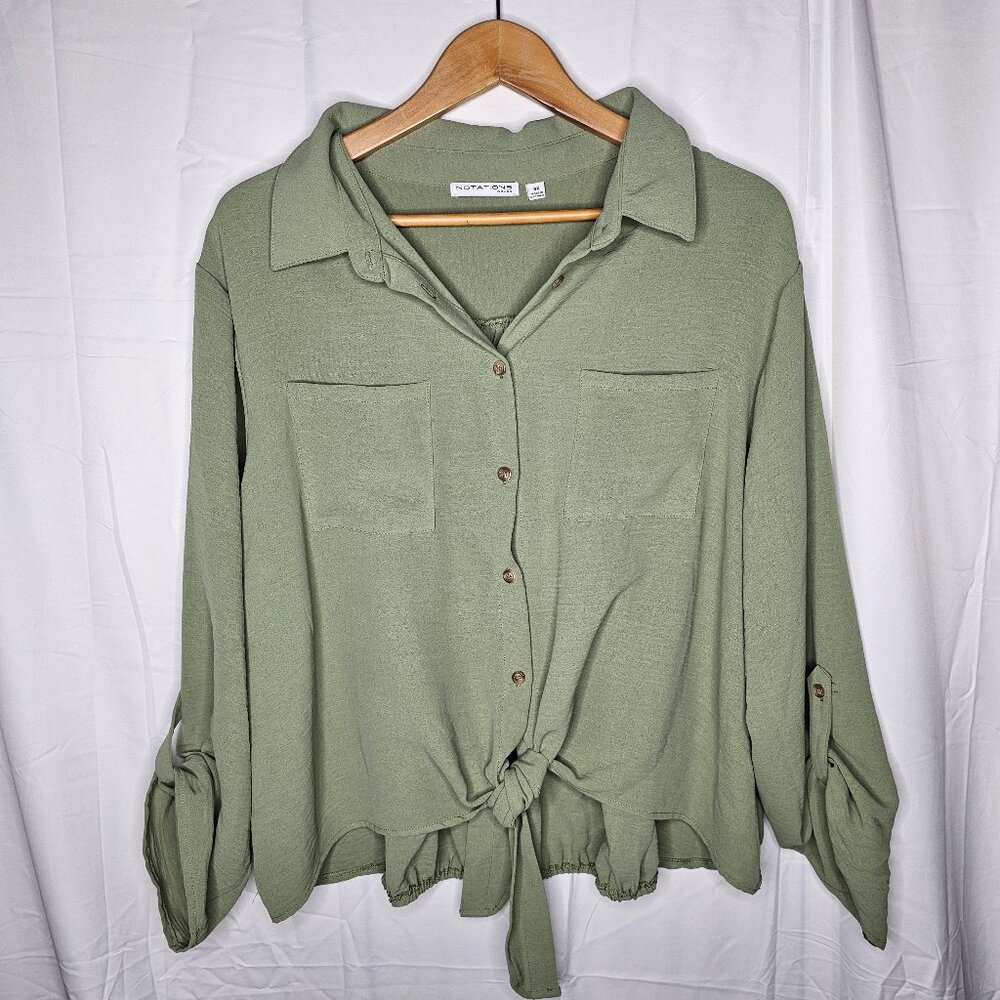 Notations Sage Green Button Down Blouse Roll Tab Sleeve Tie Front Plus Sz 3X